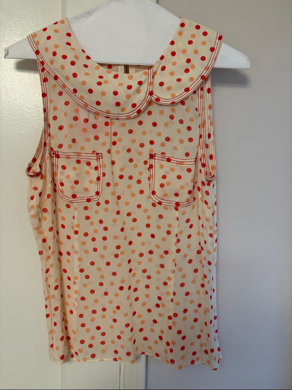 Sleeveless Polka Dot Peter Pan Collar Top - Cream with Red/Orange Dots
